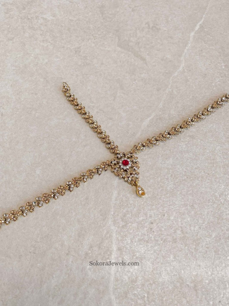 SLIGHTLY IMPERFECT: Antique Gold Mathapatti - Red - SOKORA JEWELSSLIGHTLY IMPERFECT: Antique Gold Mathapatti - Red