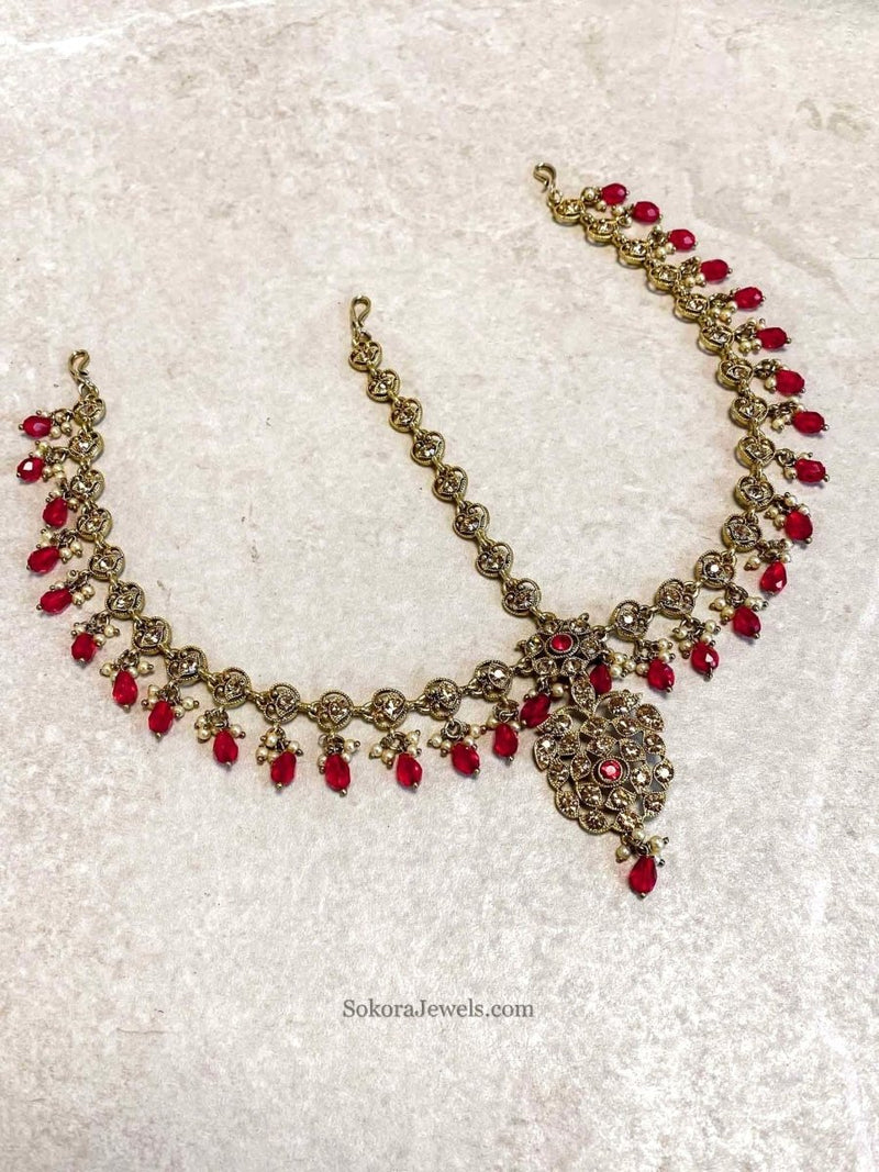 SLIGHTLY IMPERFECT: Antique Gold Mathapatti - Red - SOKORA JEWELSSLIGHTLY IMPERFECT: Antique Gold Mathapatti - Red