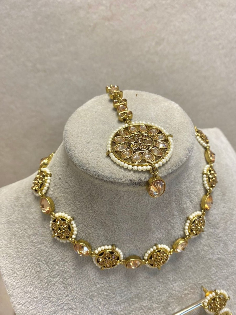 SLIGHTLY IMPERFECT: Antique Gold Necklace Set - Champagne/Pearl - SOKORA JEWELSSLIGHTLY IMPERFECT: Antique Gold Necklace Set - Champagne/PearlNECKLACE SETS