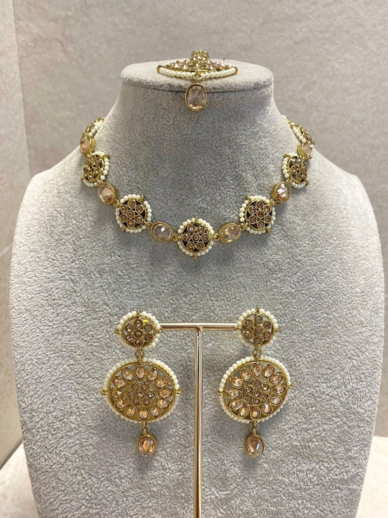 SLIGHTLY IMPERFECT: Antique Gold Necklace Set - Champagne/Pearl - SOKORA JEWELSSLIGHTLY IMPERFECT: Antique Gold Necklace Set - Champagne/PearlNECKLACE SETS