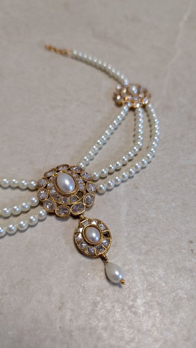 SLIGHTLY IMPERFECT: Antique Gold Pearl Chain Kalgi - SOKORA JEWELSSLIGHTLY IMPERFECT: Antique Gold Pearl Chain Kalgi