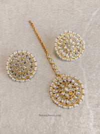 SLIGHTLY IMPERFECT: Bright Gold Faux Kundan Earring & Tikka Set - SOKORA JEWELSSLIGHTLY IMPERFECT: Bright Gold Faux Kundan Earring & Tikka Set