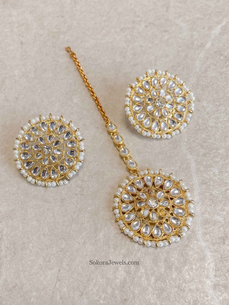 SLIGHTLY IMPERFECT: Bright Gold Faux Kundan Earring & Tikka Set - SOKORA JEWELSSLIGHTLY IMPERFECT: Bright Gold Faux Kundan Earring & Tikka Set