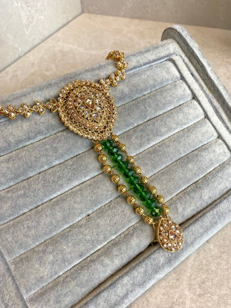 SLIGHTLY IMPERFECT: Bright Gold Hand Harness - Green - SOKORA JEWELSSLIGHTLY IMPERFECT: Bright Gold Hand Harness - Green