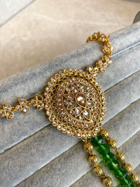 SLIGHTLY IMPERFECT: Bright Gold Hand Harness - Green - SOKORA JEWELSSLIGHTLY IMPERFECT: Bright Gold Hand Harness - Green