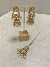 SLIGHTLY IMPERFECT: Bright Gold Jhumka Earring & Tikka Set - SOKORA JEWELSSLIGHTLY IMPERFECT: Bright Gold Jhumka Earring & Tikka Set