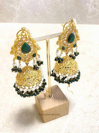 SLIGHTLY IMPERFECT: Bright Gold Jhumka Earrings - Green - SOKORA JEWELSSLIGHTLY IMPERFECT: Bright Gold Jhumka Earrings - Green