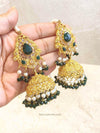 SLIGHTLY IMPERFECT: Bright Gold Jhumka Earrings - Green - SOKORA JEWELSSLIGHTLY IMPERFECT: Bright Gold Jhumka Earrings - Green
