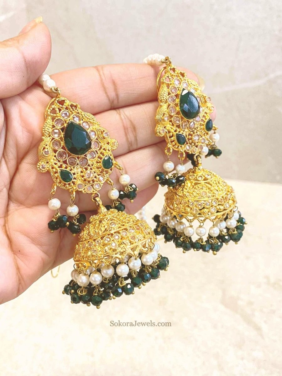 SLIGHTLY IMPERFECT: Bright Gold Jhumka Earrings - Green - SOKORA JEWELSSLIGHTLY IMPERFECT: Bright Gold Jhumka Earrings - Green