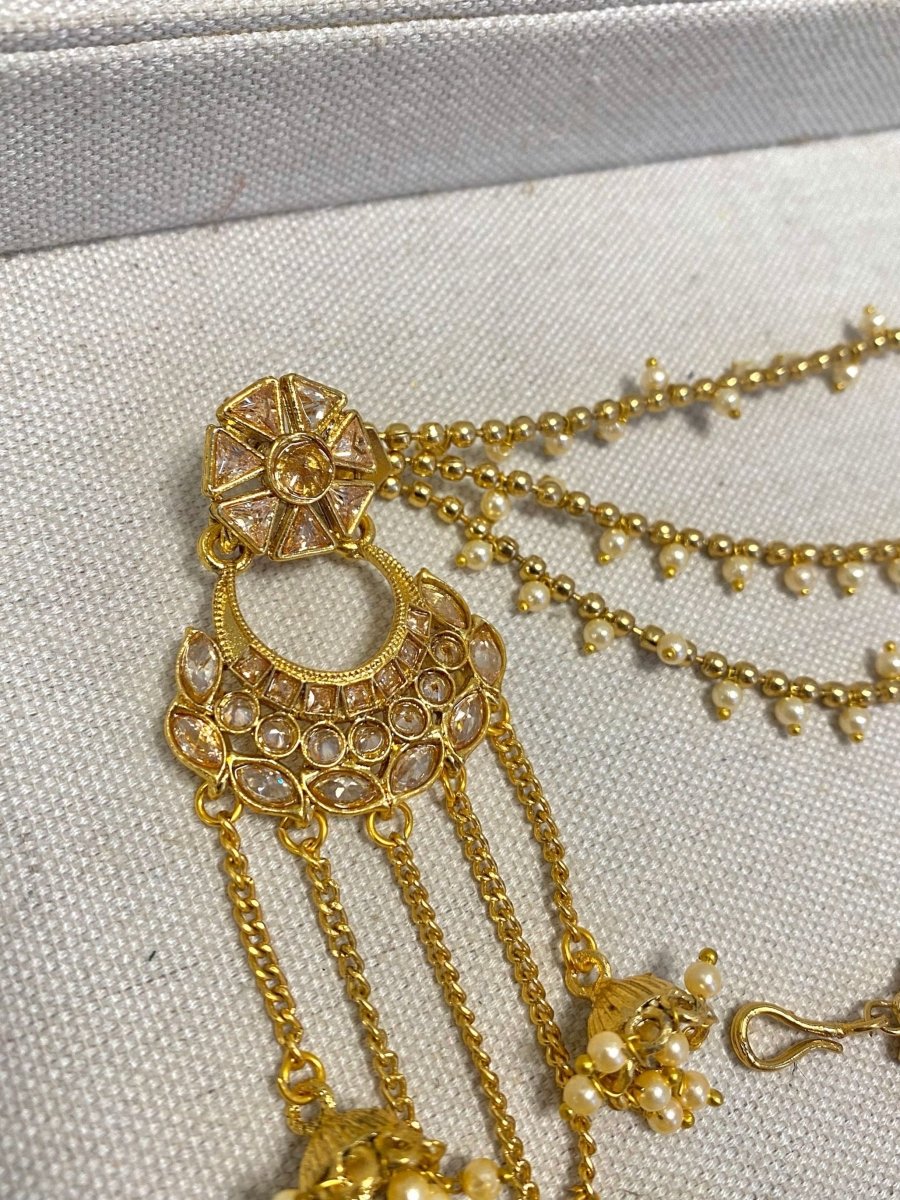 SLIGHTLY IMPERFECT: Bright Gold Jhumka Earrings with Ear - Chains - SOKORA JEWELSSLIGHTLY IMPERFECT: Bright Gold Jhumka Earrings with Ear - ChainsEARRINGS