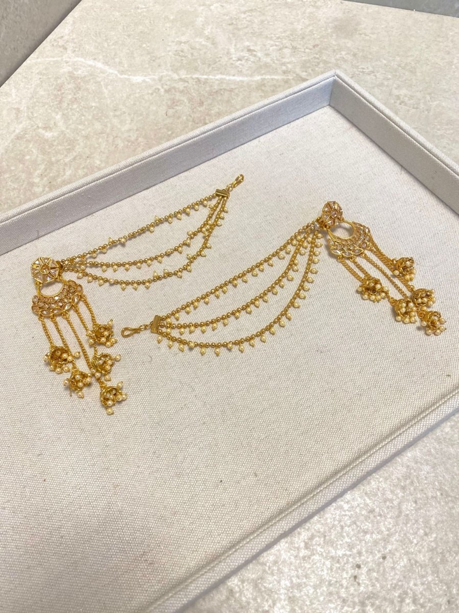 SLIGHTLY IMPERFECT: Bright Gold Jhumka Earrings with Ear - Chains - SOKORA JEWELSSLIGHTLY IMPERFECT: Bright Gold Jhumka Earrings with Ear - ChainsEARRINGS