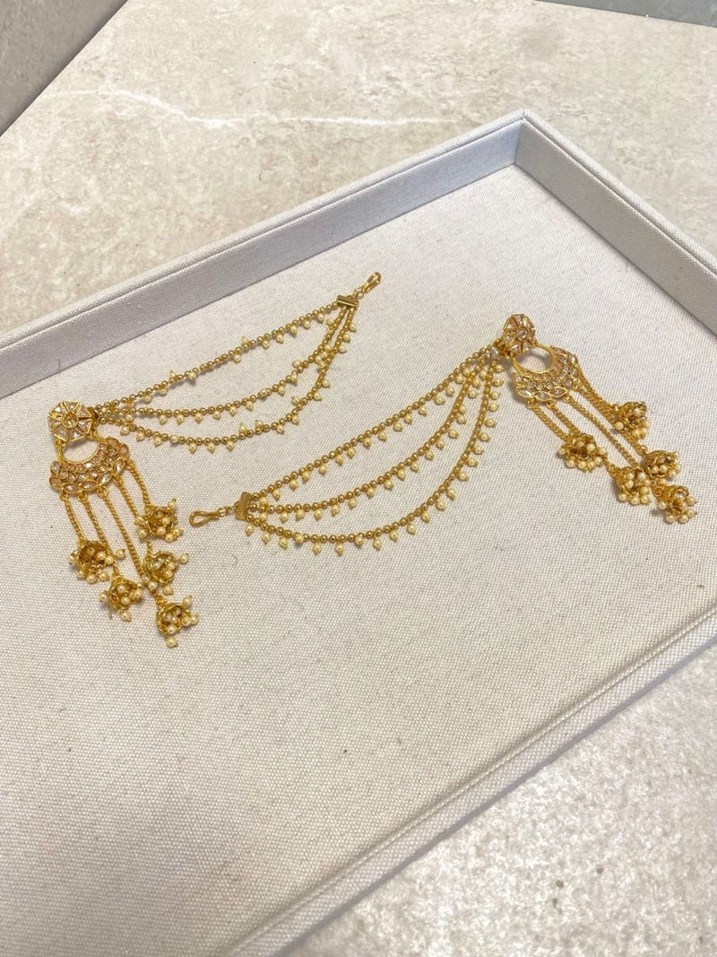 SLIGHTLY IMPERFECT: Bright Gold Jhumka Earrings with Ear - Chains - SOKORA JEWELSSLIGHTLY IMPERFECT: Bright Gold Jhumka Earrings with Ear - ChainsEARRINGS