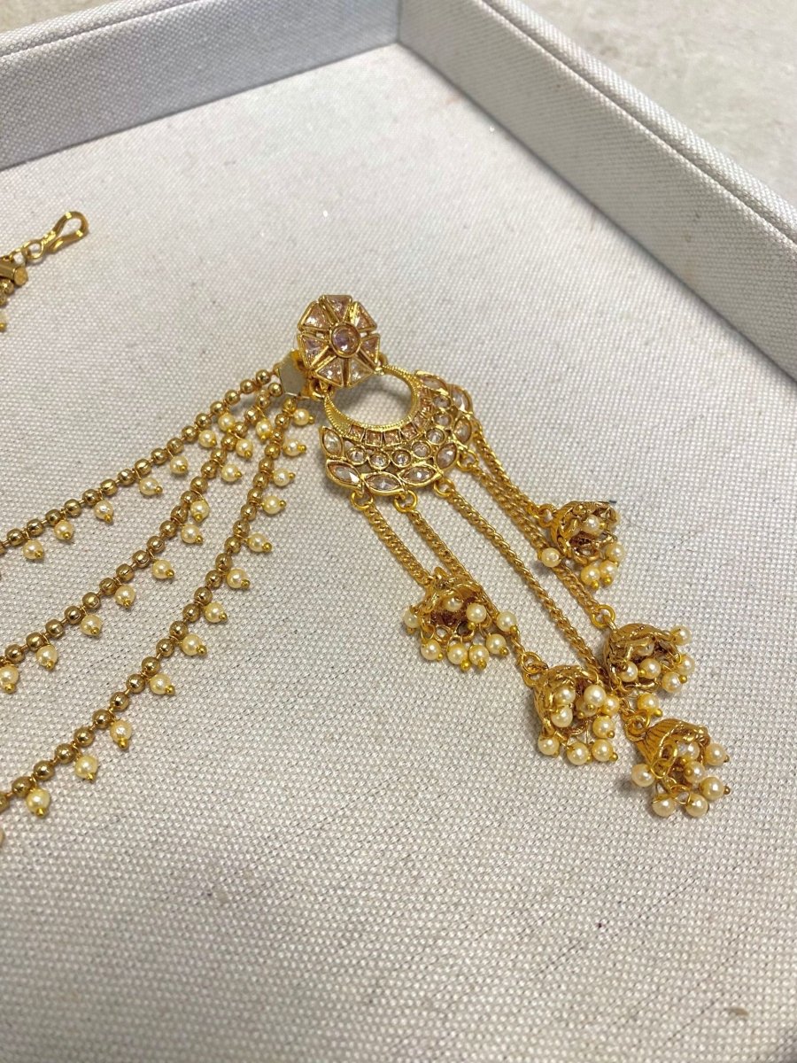 SLIGHTLY IMPERFECT: Bright Gold Jhumka Earrings with Ear - Chains - SOKORA JEWELSSLIGHTLY IMPERFECT: Bright Gold Jhumka Earrings with Ear - ChainsEARRINGS