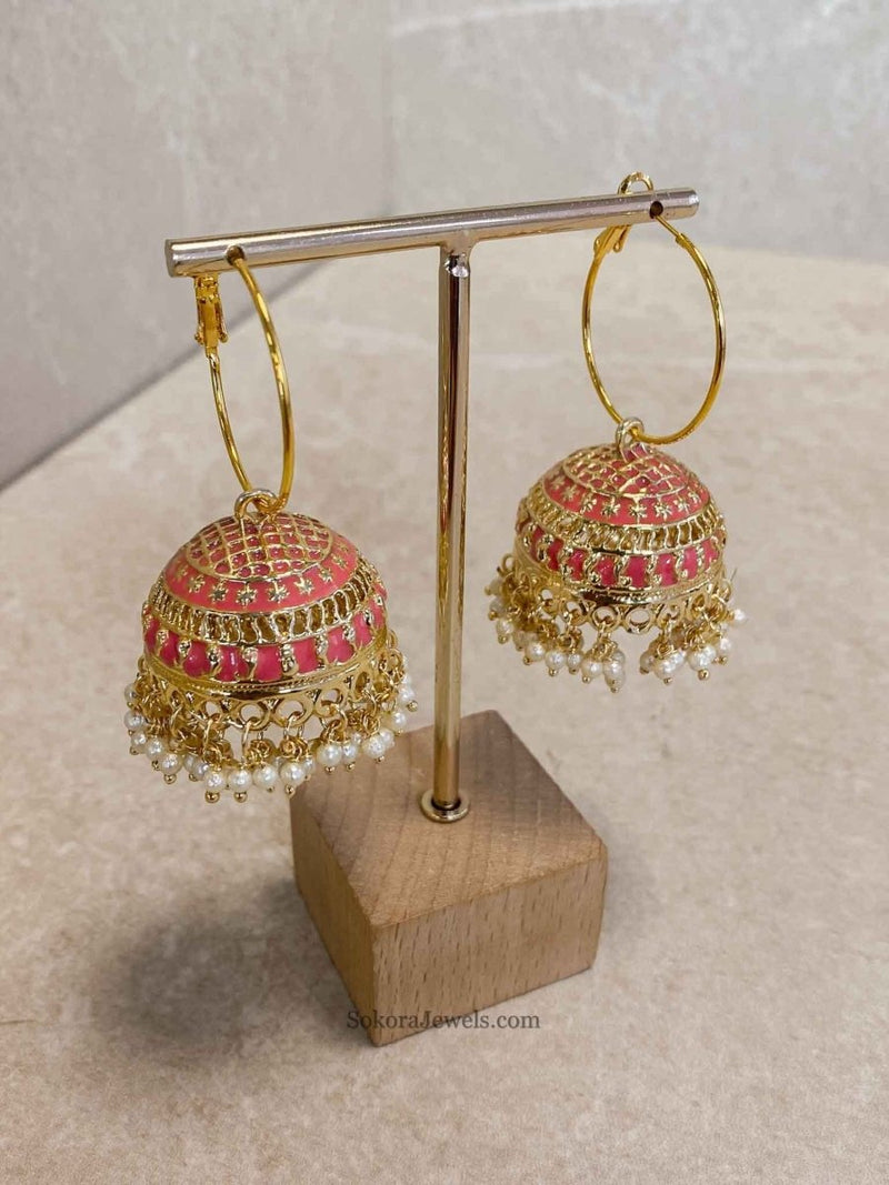 SLIGHTLY IMPERFECT: Bright Gold Jhumka Hoops - Pink - SOKORA JEWELSSLIGHTLY IMPERFECT: Bright Gold Jhumka Hoops - Pink