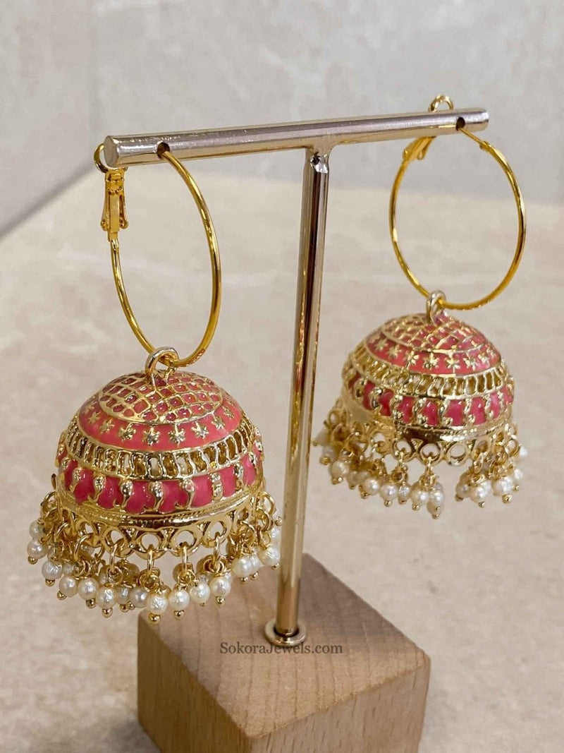 SLIGHTLY IMPERFECT: Bright Gold Jhumka Hoops - Pink - SOKORA JEWELSSLIGHTLY IMPERFECT: Bright Gold Jhumka Hoops - Pink