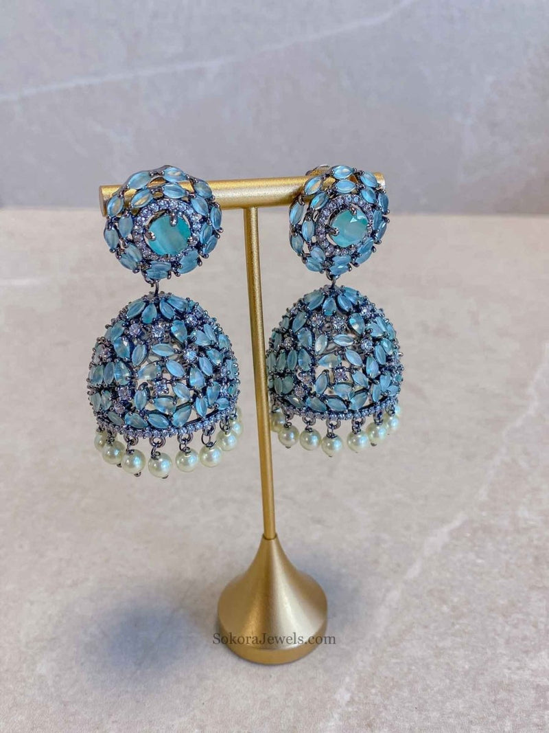 SLIGHTLY IMPERFECT: Diamante Jhumka Earrings - Blue - SOKORA JEWELSSLIGHTLY IMPERFECT: Diamante Jhumka Earrings - Blue
