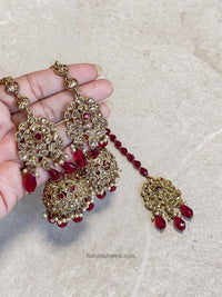 SLIGHTLY IMPERFECT: Jhumka Earring & Tikka set - Maroon - SOKORA JEWELSSLIGHTLY IMPERFECT: Jhumka Earring & Tikka set - Maroon