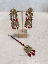 SLIGHTLY IMPERFECT: Jhumka Earring & Tikka set - Maroon - SOKORA JEWELSSLIGHTLY IMPERFECT: Jhumka Earring & Tikka set - Maroon