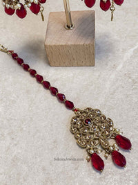 SLIGHTLY IMPERFECT: Jhumka Earring & Tikka set - Maroon - SOKORA JEWELSSLIGHTLY IMPERFECT: Jhumka Earring & Tikka set - Maroon