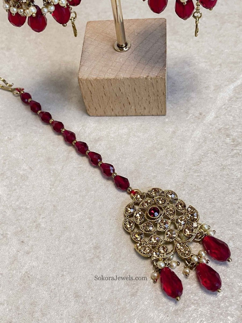 SLIGHTLY IMPERFECT: Jhumka Earring & Tikka set - Maroon - SOKORA JEWELSSLIGHTLY IMPERFECT: Jhumka Earring & Tikka set - Maroon