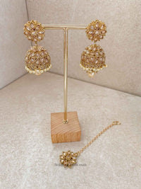 SLIGHTLY IMPERFECT: Jhumka Earring & Tikka set - Pearl - SOKORA JEWELSSLIGHTLY IMPERFECT: Jhumka Earring & Tikka set - Pearl
