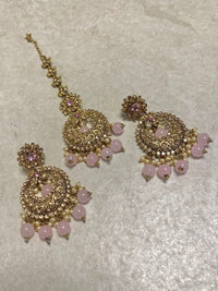 SLIGHTLY IMPERFECT: Large Antique Gold Earring & Tikka Set - Pink - SOKORA JEWELSSLIGHTLY IMPERFECT: Large Antique Gold Earring & Tikka Set - Pink