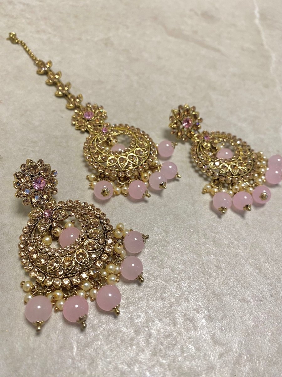SLIGHTLY IMPERFECT: Large Antique Gold Earring & Tikka Set - Pink - SOKORA JEWELSSLIGHTLY IMPERFECT: Large Antique Gold Earring & Tikka Set - Pink