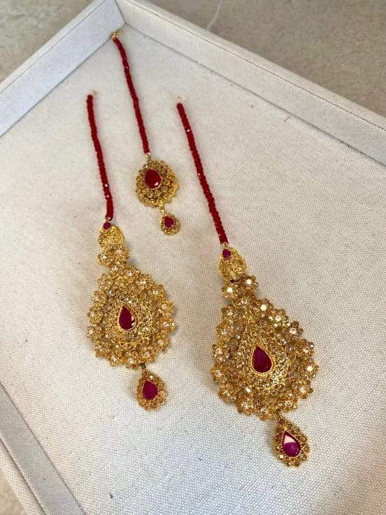 Slightly Imperfect: Large Bright Gold Earrings & Tikka set - Ruby/Red - SOKORA JEWELSSlightly Imperfect: Large Bright Gold Earrings & Tikka set - Ruby/Red