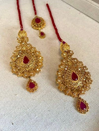 Slightly Imperfect: Large Bright Gold Earrings & Tikka set - Ruby/Red - SOKORA JEWELSSlightly Imperfect: Large Bright Gold Earrings & Tikka set - Ruby/Red