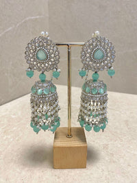 SLIGHTLY IMPERFECT: Large Silver Jhumka Earrings - Mint - SOKORA JEWELSSLIGHTLY IMPERFECT: Large Silver Jhumka Earrings - Mint