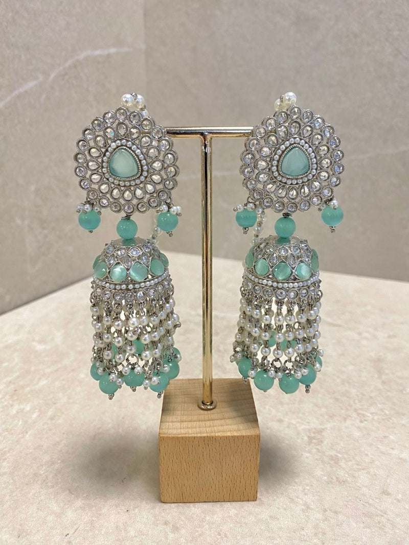 SLIGHTLY IMPERFECT: Large Silver Jhumka Earrings - Mint - SOKORA JEWELSSLIGHTLY IMPERFECT: Large Silver Jhumka Earrings - Mint