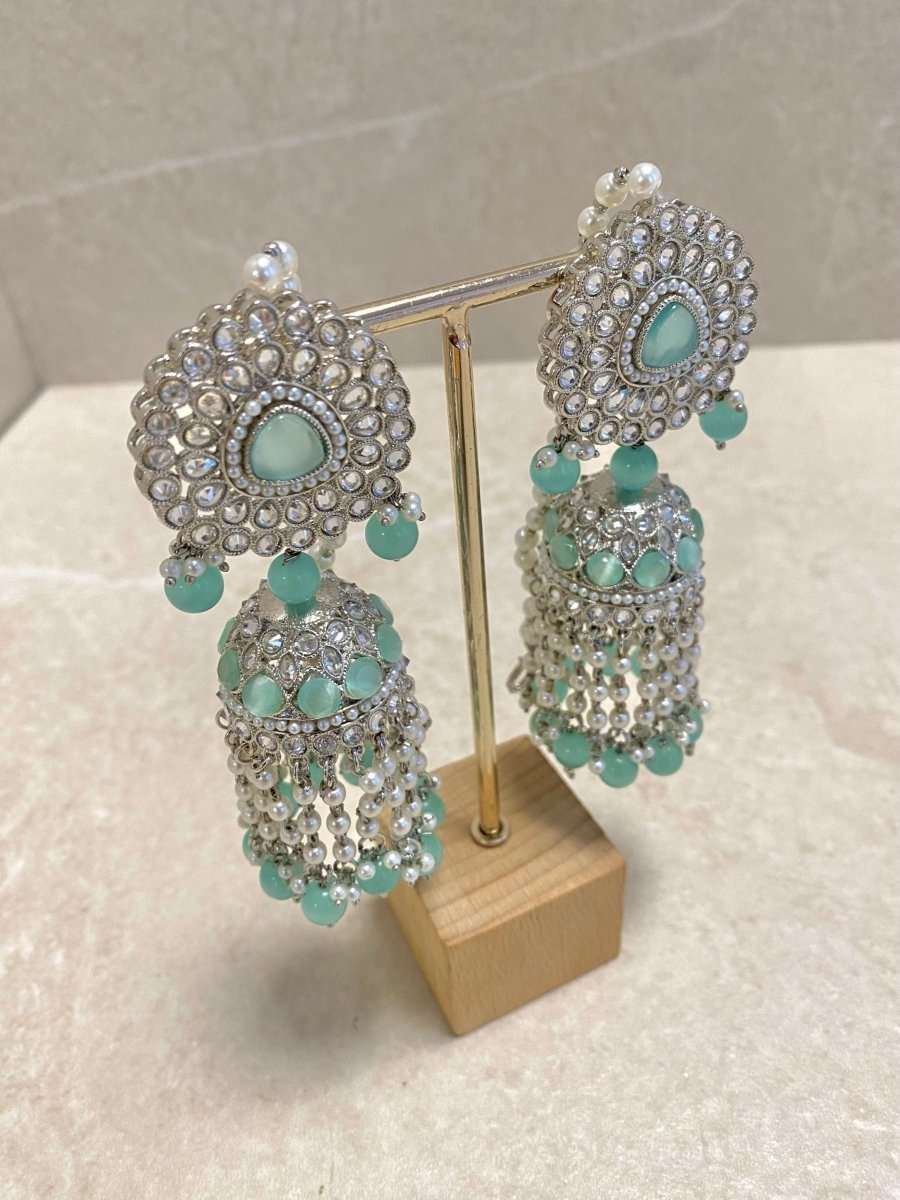 SLIGHTLY IMPERFECT: Large Silver Jhumka Earrings - Mint - SOKORA JEWELSSLIGHTLY IMPERFECT: Large Silver Jhumka Earrings - Mint