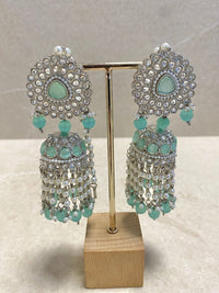 SLIGHTLY IMPERFECT: Large Silver Jhumka Earrings - Mint - SOKORA JEWELSSLIGHTLY IMPERFECT: Large Silver Jhumka Earrings - Mint