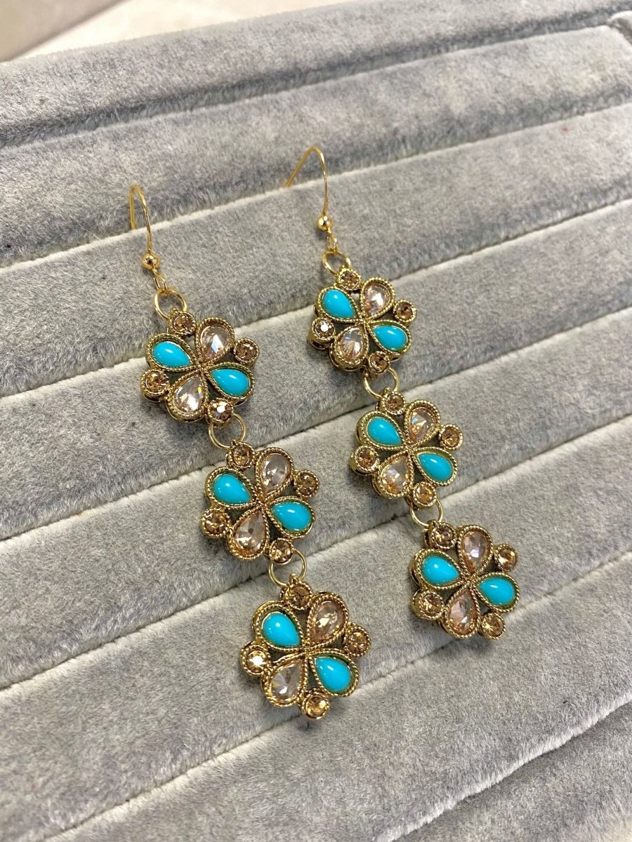 SLIGHTLY IMPERFECT: Long Antique Gold Drop Earrings - Blue - SOKORA JEWELSSLIGHTLY IMPERFECT: Long Antique Gold Drop Earrings - Blue