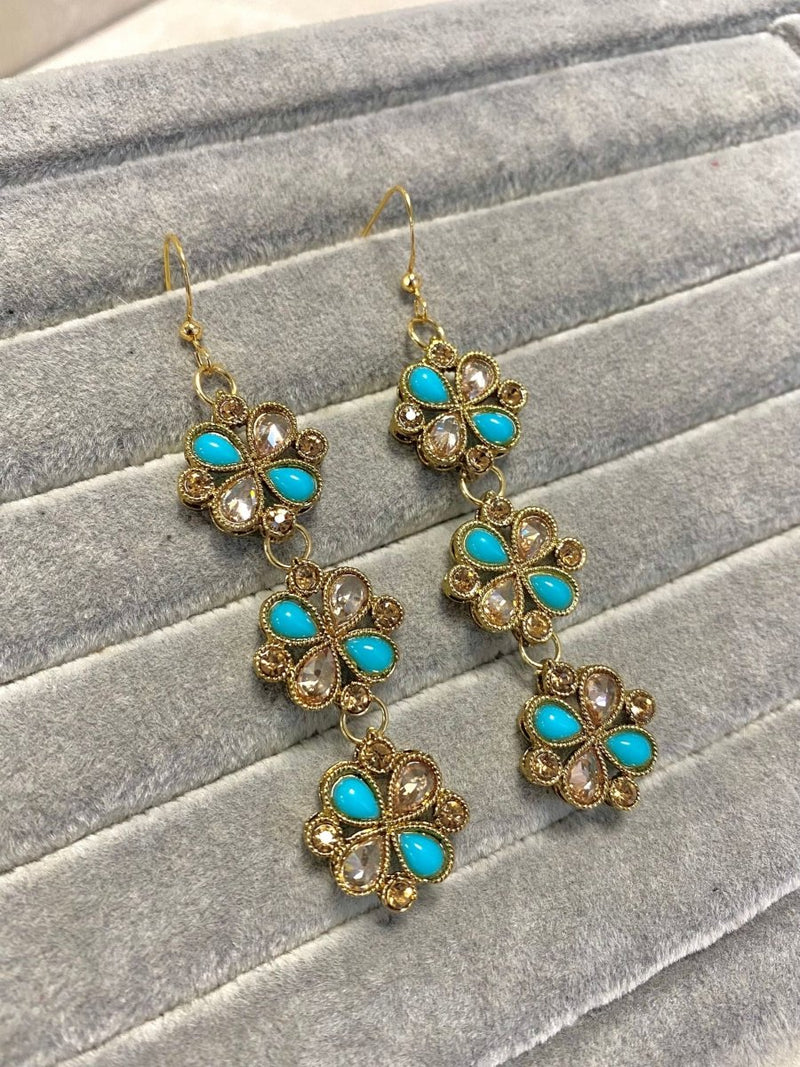 SLIGHTLY IMPERFECT: Long Antique Gold Drop Earrings - Blue - SOKORA JEWELSSLIGHTLY IMPERFECT: Long Antique Gold Drop Earrings - Blue