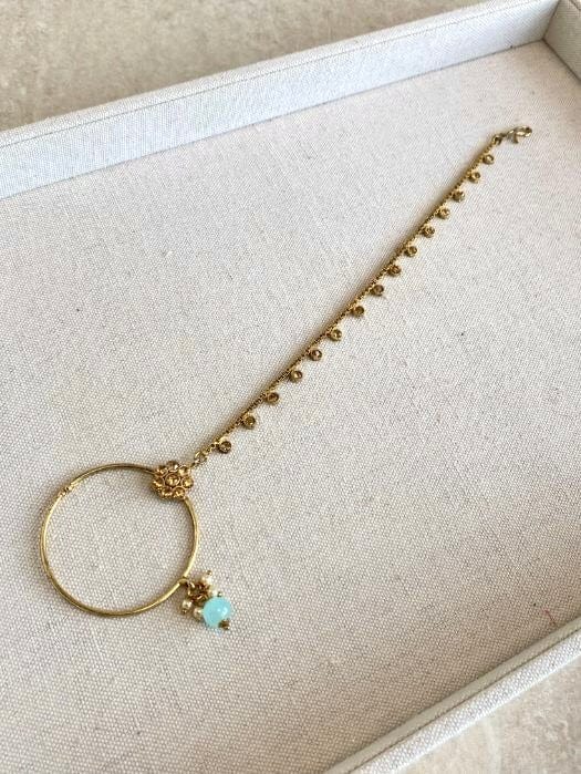 SLIGHTLY IMPERFECT: Medium Antique Gold Nose Ring - Slide Type - Blue - SOKORA JEWELSSLIGHTLY IMPERFECT: Medium Antique Gold Nose Ring - Slide Type - Blue