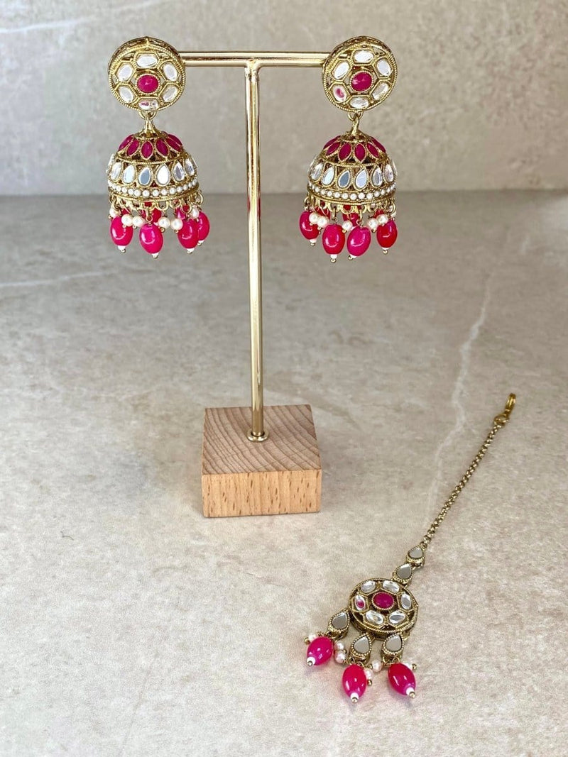 SLIGHTLY IMPERFECT: Mirror Jhumka Earring & Tikka set - 6 Colours - SOKORA JEWELSSLIGHTLY IMPERFECT: Mirror Jhumka Earring & Tikka set - 6 Colours