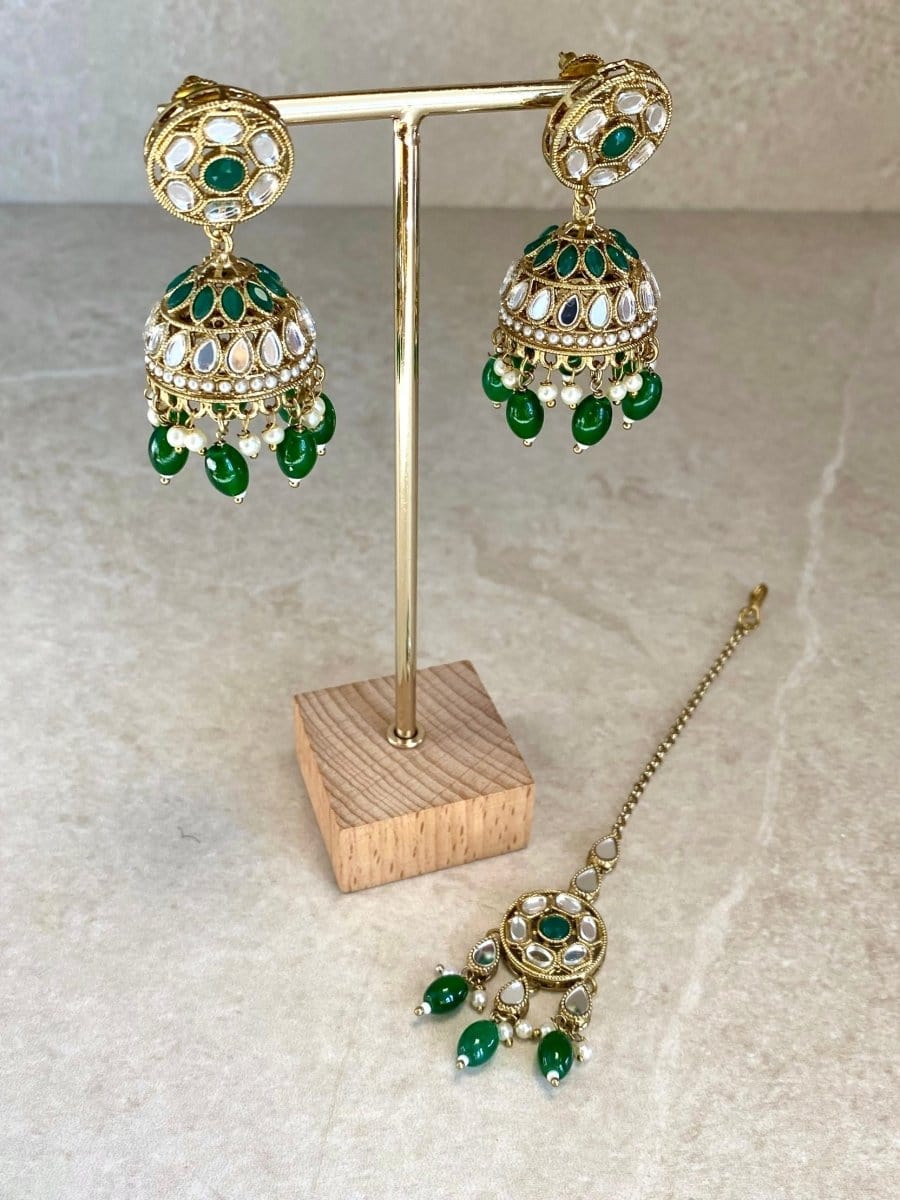 SLIGHTLY IMPERFECT: Mirror Jhumka Earring & Tikka set - 6 Colours - SOKORA JEWELSSLIGHTLY IMPERFECT: Mirror Jhumka Earring & Tikka set - 6 Colours
