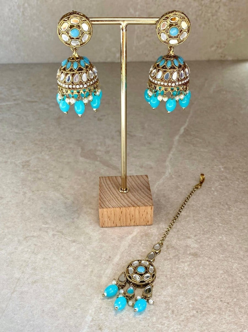 SLIGHTLY IMPERFECT: Mirror Jhumka Earring & Tikka set - 6 Colours - SOKORA JEWELSSLIGHTLY IMPERFECT: Mirror Jhumka Earring & Tikka set - 6 Colours