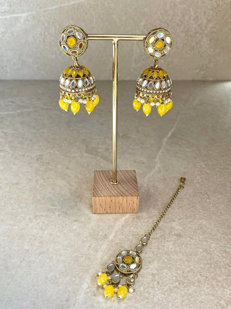 SLIGHTLY IMPERFECT: Mirror Jhumka Earring & Tikka set - 6 Colours - SOKORA JEWELSSLIGHTLY IMPERFECT: Mirror Jhumka Earring & Tikka set - 6 Colours