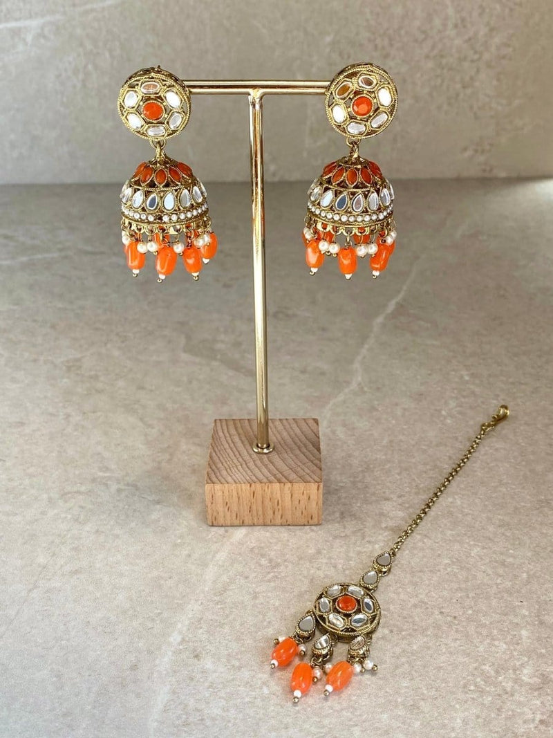 SLIGHTLY IMPERFECT: Mirror Jhumka Earring & Tikka set - 6 Colours - SOKORA JEWELSSLIGHTLY IMPERFECT: Mirror Jhumka Earring & Tikka set - 6 Colours