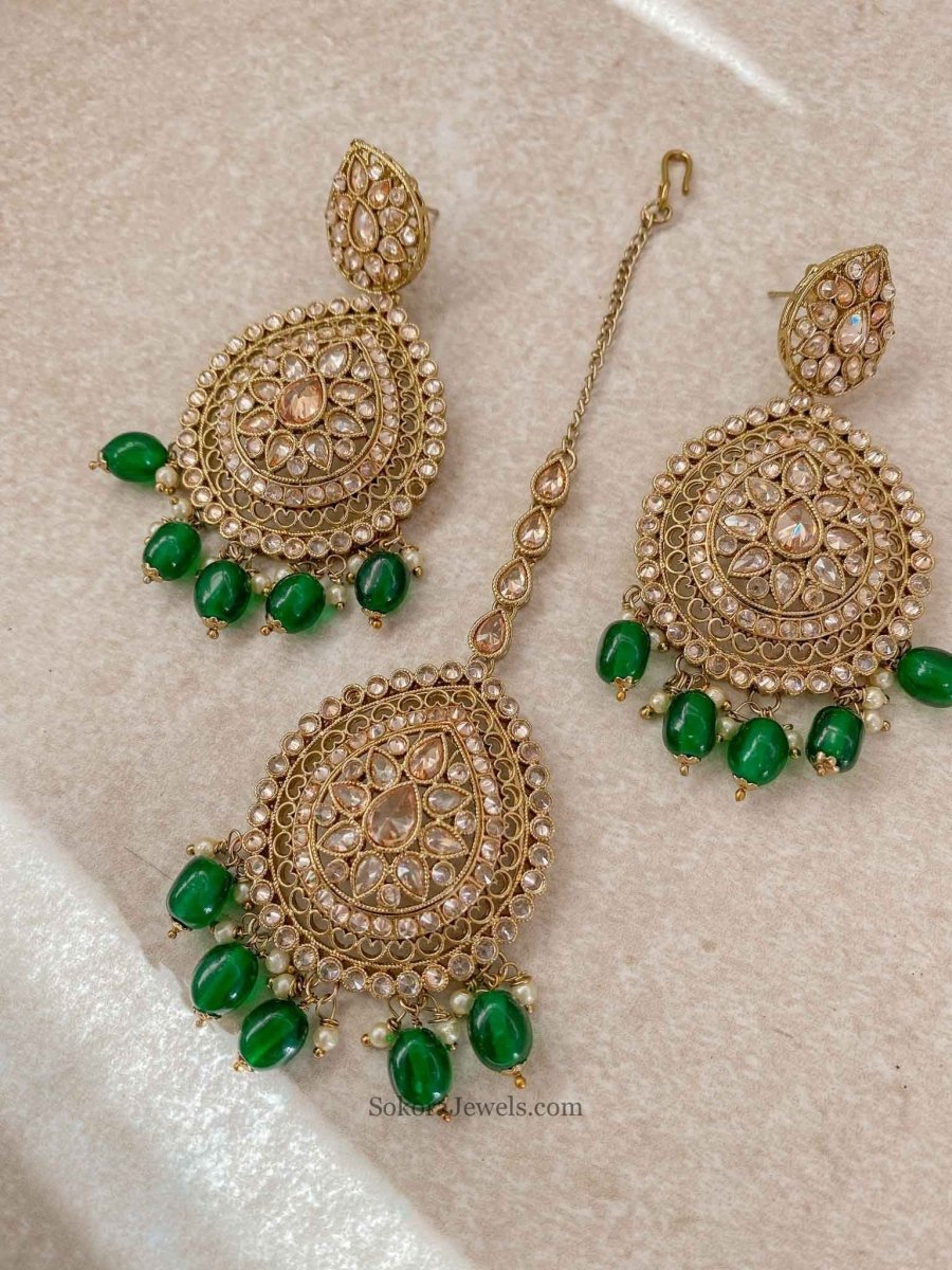 SLIGHTLY IMPERFECT: Mukta Earring & Tikka set - Green - SOKORA JEWELSSLIGHTLY IMPERFECT: Mukta Earring & Tikka set - Green