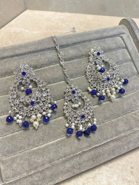 SLIGHTLY IMPERFECT: Silver Earring & Tikka Set - Blue - SOKORA JEWELSSLIGHTLY IMPERFECT: Silver Earring & Tikka Set - BlueNECKLACE SETS
