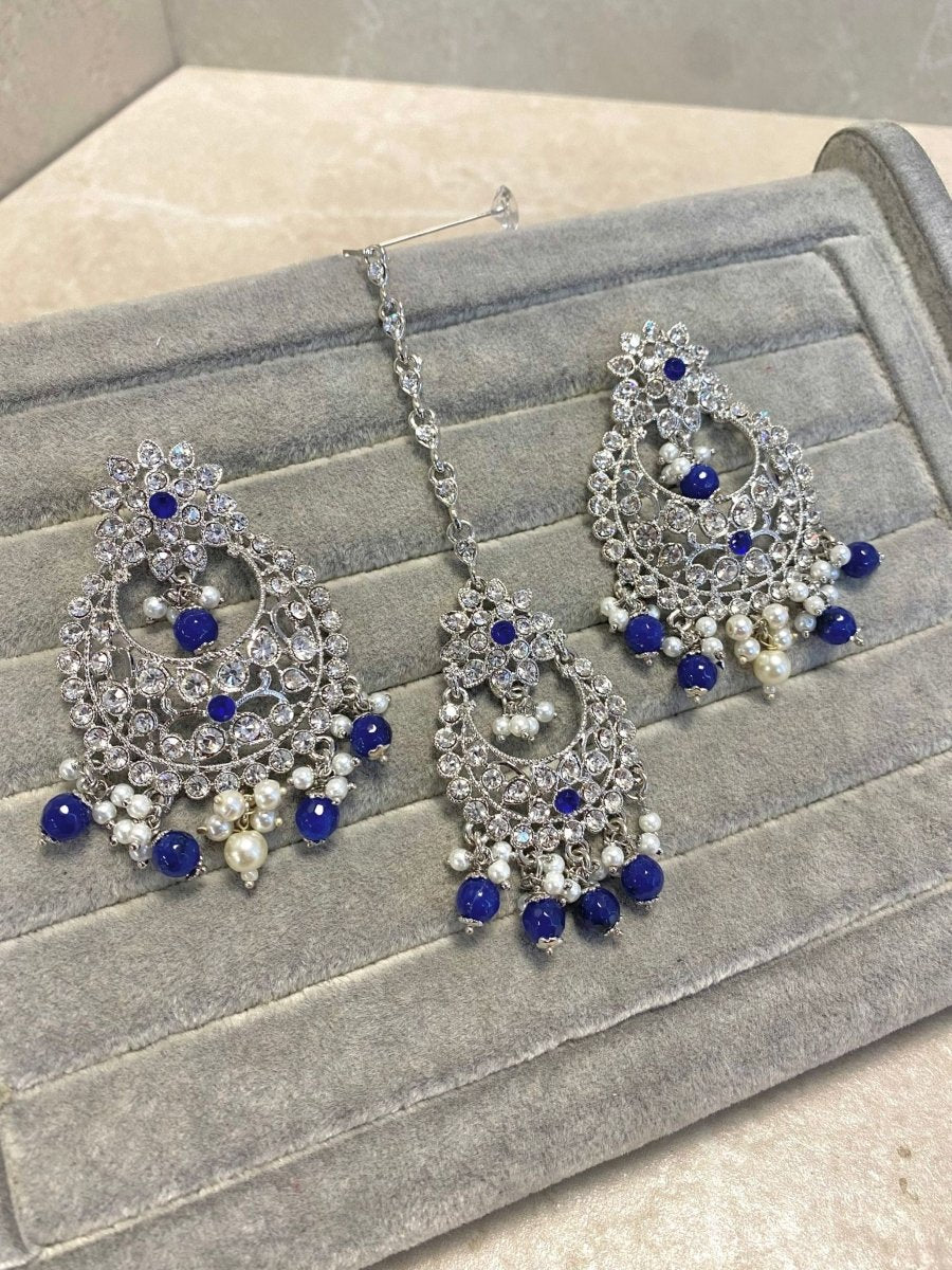 SLIGHTLY IMPERFECT: Silver Earring & Tikka Set - Blue - SOKORA JEWELSSLIGHTLY IMPERFECT: Silver Earring & Tikka Set - BlueNECKLACE SETS