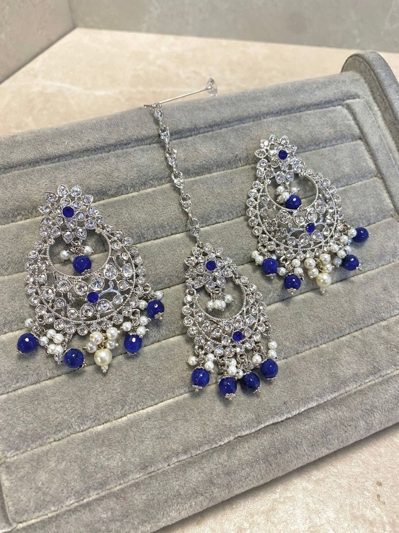 SLIGHTLY IMPERFECT: Silver Earring & Tikka Set - Blue - SOKORA JEWELSSLIGHTLY IMPERFECT: Silver Earring & Tikka Set - BlueNECKLACE SETS