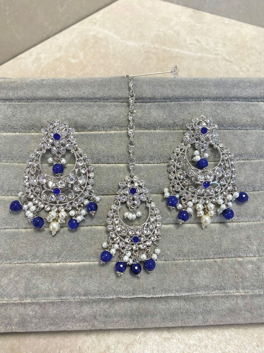 SLIGHTLY IMPERFECT: Silver Earring & Tikka Set - Blue - SOKORA JEWELSSLIGHTLY IMPERFECT: Silver Earring & Tikka Set - BlueNECKLACE SETS