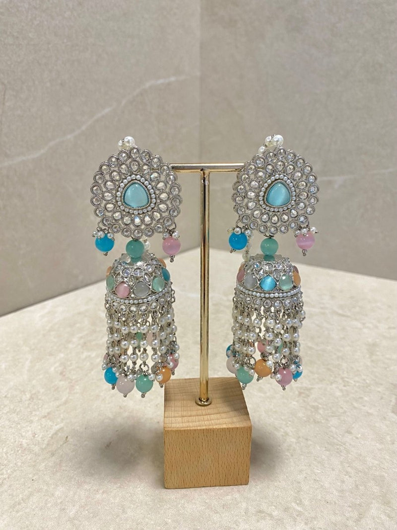 SLIGHTLY IMPERFECT: Silver & Pastel Multicolour Jhumka Earrings - Blue - SOKORA JEWELSSLIGHTLY IMPERFECT: Silver & Pastel Multicolour Jhumka Earrings - Blue