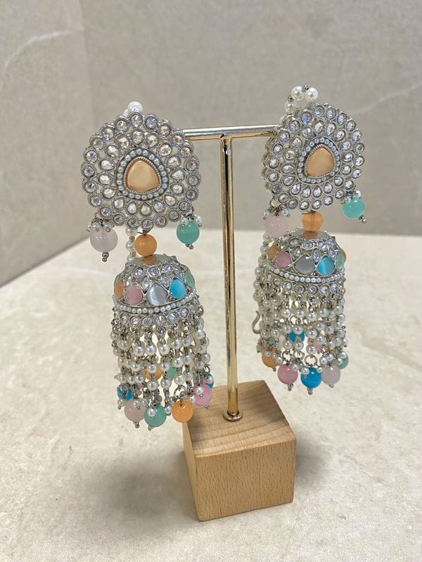 SLIGHTLY IMPERFECT: Silver & Pastel Multicolour Jhumka Earrings - Peach - SOKORA JEWELSSLIGHTLY IMPERFECT: Silver & Pastel Multicolour Jhumka Earrings - Peach
