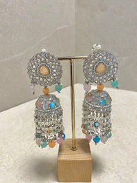 SLIGHTLY IMPERFECT: Silver & Pastel Multicolour Jhumka Earrings - Peach - SOKORA JEWELSSLIGHTLY IMPERFECT: Silver & Pastel Multicolour Jhumka Earrings - Peach