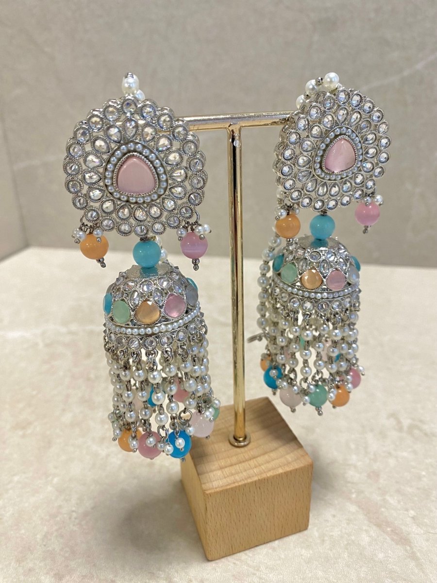SLIGHTLY IMPERFECT: Silver & Pastel Multicolour Jhumka Earrings - Pink - SOKORA JEWELSSLIGHTLY IMPERFECT: Silver & Pastel Multicolour Jhumka Earrings - Pink